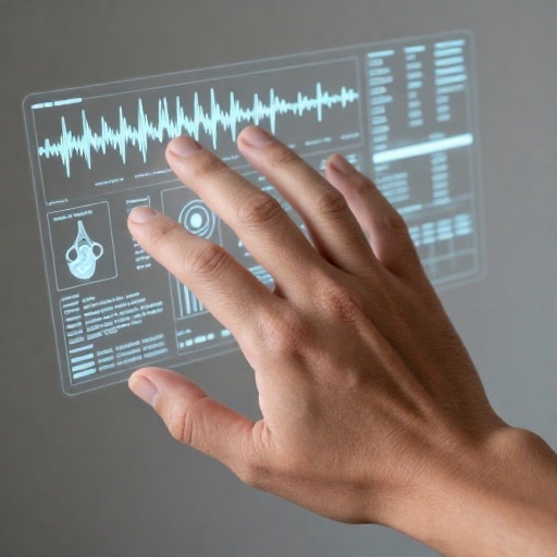 Une main tendue vers une projection holographique de données médicales complexes, illustrant les risques liés à l'accès aux informations personnelles dans le contexte de l'IA.