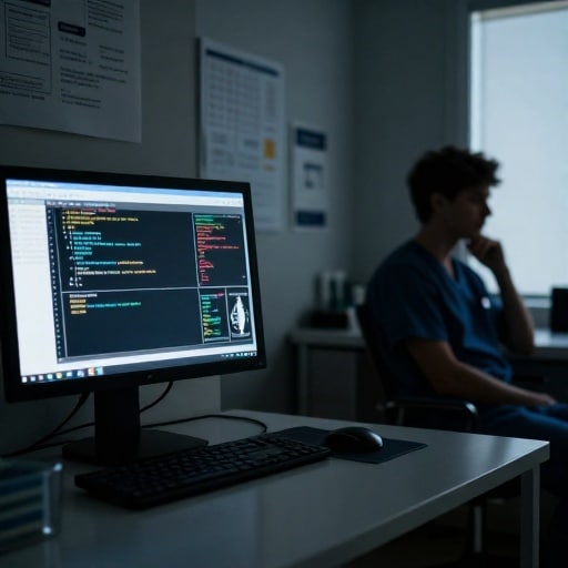 Un bureau d'un médecin éclairé à la lumière tamisée, symbolisant les limites de l'IA dans le diagnostic médical et la nécessité du jugement humain.