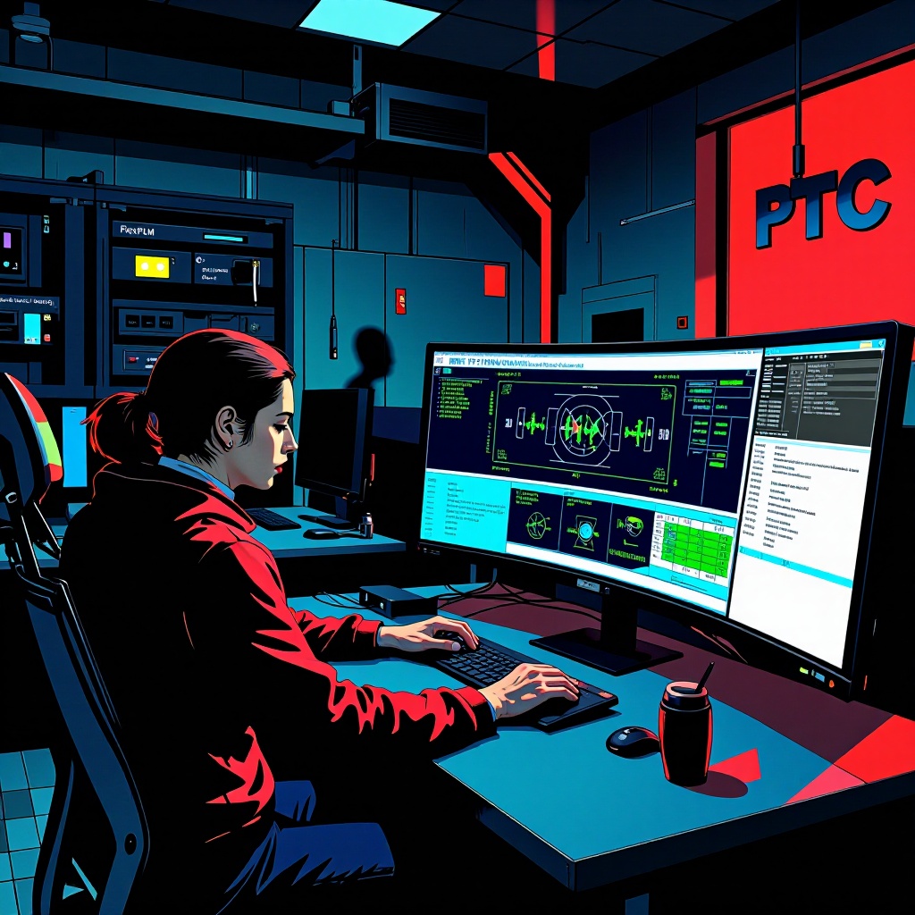 Salle de contrôle industrielle faiblement éclairée en soirée, affichant un tableau PTC Windchill sur écran courbe avec schémas CAO et données temps réel. Un analyste en sécurité cybernetique examine des logs réseau sur un second écran, tandis qu’un serveur allumé dans le fond révèle une connexion active vers FlexPLM. Une lueur bleutée domine l’espace, soulignant à la fois la précision technique et une atmosphère tendue. ---