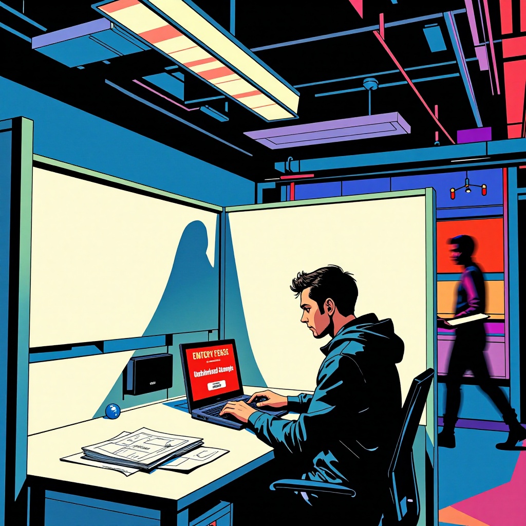 Bureau cubique blanc et minimaliste où un employé penché sur son ordinateur affiche une alerte rouge concernant des tentatives d’accès non autorisées. Une lumière fluorescente clignotante projette des ombres, tandis qu’à l’extérieur de la cloison vitrée, une silhouette en manteau sombre parcourt les couloirs avec un appareil numérique. Des plans techniques posés à moitié recouverts d’une balle anti-stress renforcent le sentiment d’urgence. ---