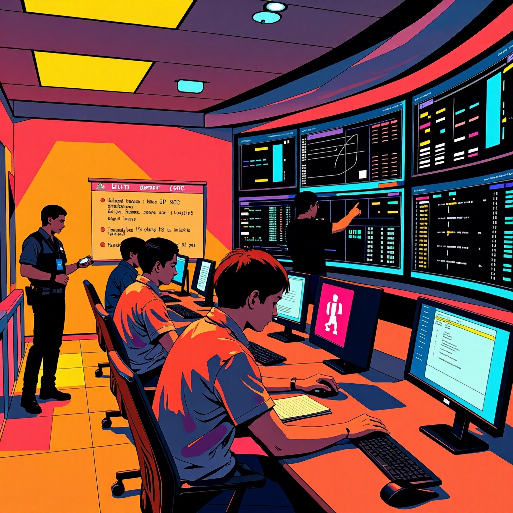 Cl0p exploite des failles critiques dans PTC Windchill et FlexPLM : comment protéger vos données industrielles — image3 Centre de sécurité opérationnelle (SOC) avec des analystes collaborant autour d’un mur d’écrans affichant des flux en temps réel : logs pare-feu et cartes de segmentation réseau. Un éclairage chaud ambre met en valeur l’effort coordonné, tandis qu’un garde de sécurité vérifie une badge près de l’entrée. Une liste manuscrite sur tableau blanc répertorie les IP bloquées et mesures correctives, soulignant la réactivité proactive. ---