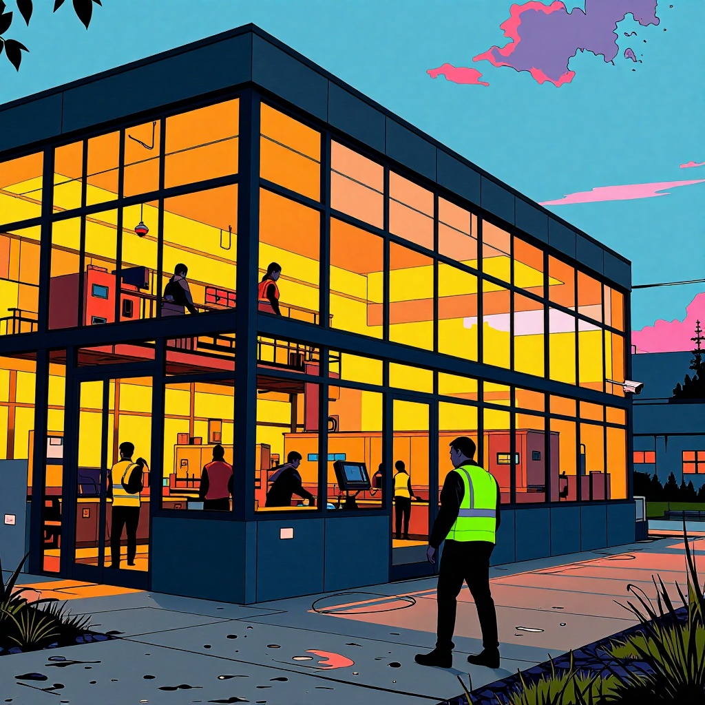 Usine industrielle moderne au crépuscule, vitrée pour refléter la lumière dorée du coucher de soleil. À l’intérieur, des employés en vestes réfléchissantes circulent entre machines automatisées et tableaux de contrôle, leurs silhouettes légèrement floues. Une caméra de surveillance fixe l’entrée, tandis que l’extérieur suggère une activité discrète à l’horizon—alliant solidité technique et vigilance proactive. ---