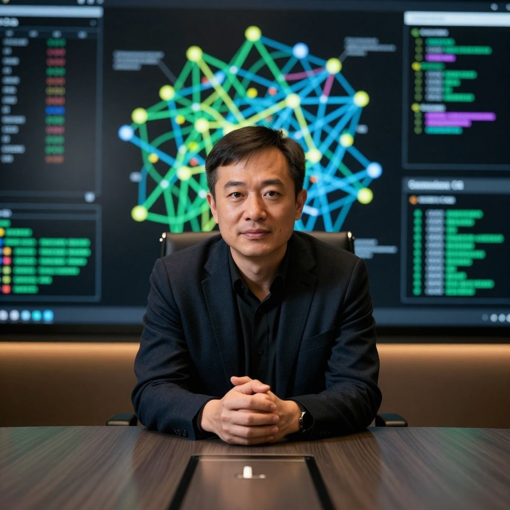 Jensen Huang, CEO de Nvidia, devant un arrière-plan représentant des réseaux neuronaux et des flux de données, exprimant sa vision pour l'avenir de l'IA.