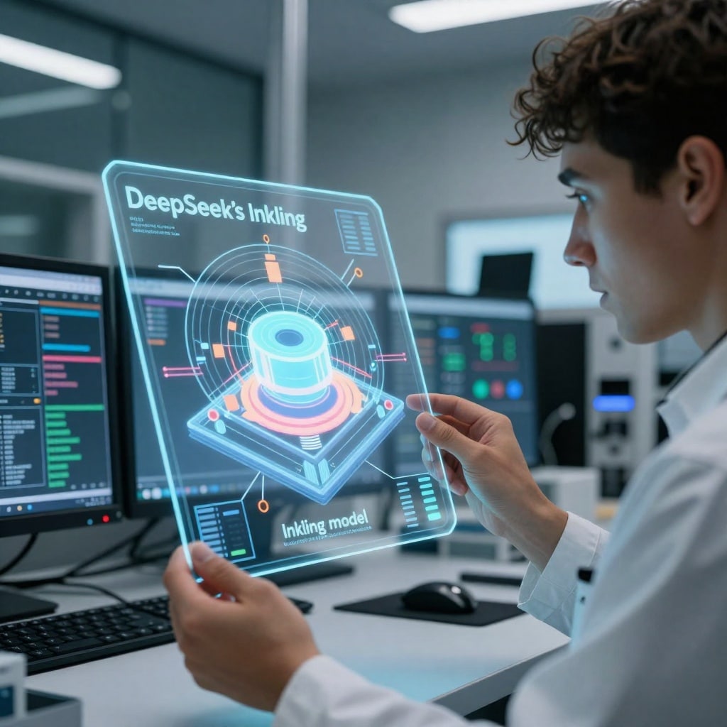 Un chercheur examine attentivement la projection holographique du modèle Inkling de DeepSeek, illustrant les complexités de l'IA.