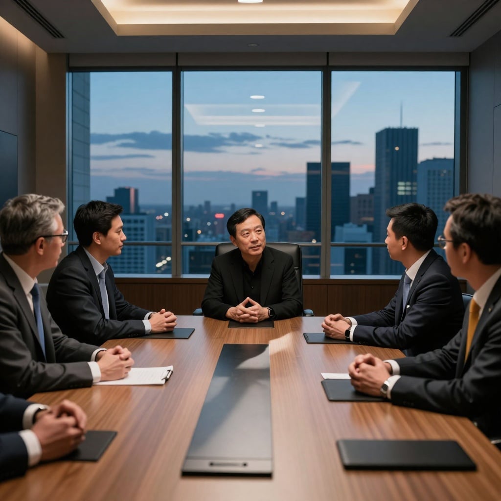 Jensen Huang et la Défense des Modèles Ouverts : Une Stratégie pour l’Avenir de l’IA — image3 Jensen Huang en réunion avec des représentants d'OpenAI et d'Anthropic dans un boardroom luxueux, discutant de stratégies pour l’avenir de l’IA.