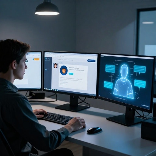 Analyste dans un bureau sobre observant une conversation automatisée entre un utilisateur simulant une attaque et un chatbot Instagram sans vérification d’identité, crédentials étant réinitialisées en arrière-plan. ---