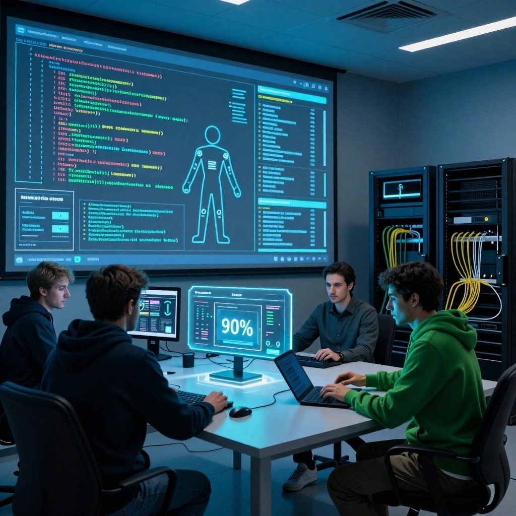 Centre de cybersécurité ultra-moderne éclairé en bleu doux, affichant des projections holographiques d’analyses de vulnérabilités logicielles par des agents IA. Deux équipes, l’une en tons sombres (agents