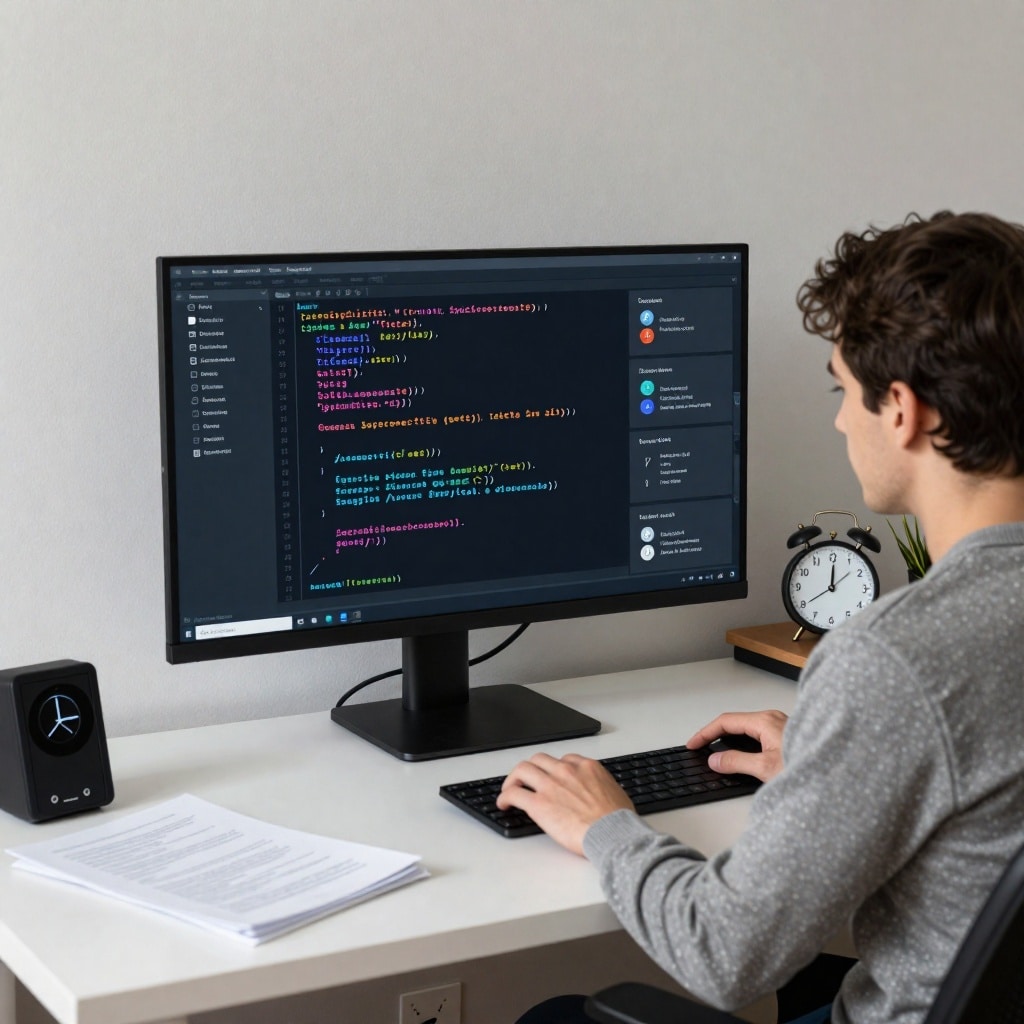 Microsoft et Wiz révolutionnent la détection des bugs avec une IA spécialisée : 90 % de vulnérabilités identifiées — image3 Bureau épuré où un développeur examine un extrait de code sur un écran géant, tandis qu’une interface IA flottante met en évidence les failles en temps réel. À côté, des outils traditionnels encombrés (logiciels obsolètes et documents papier) contrastent avec des solutions modernes optimisées. Une horloge sur une table souligne l’analyse continue et ciblée plutôt que ponctuelle. ---
