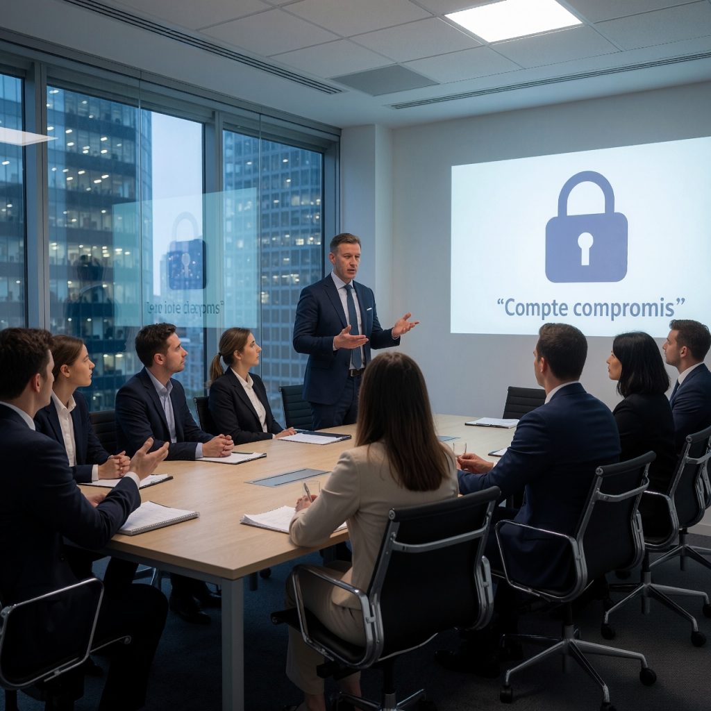 Une salle de réunion corporative aux vitres réfléchissantes, éclairée par une lumière froide et professionnelle. Un cadre supérieur de Microsoft s’adresse à un public sceptique, pointant du doigt un écran affichant un symbole de verrouillage avec la mention *