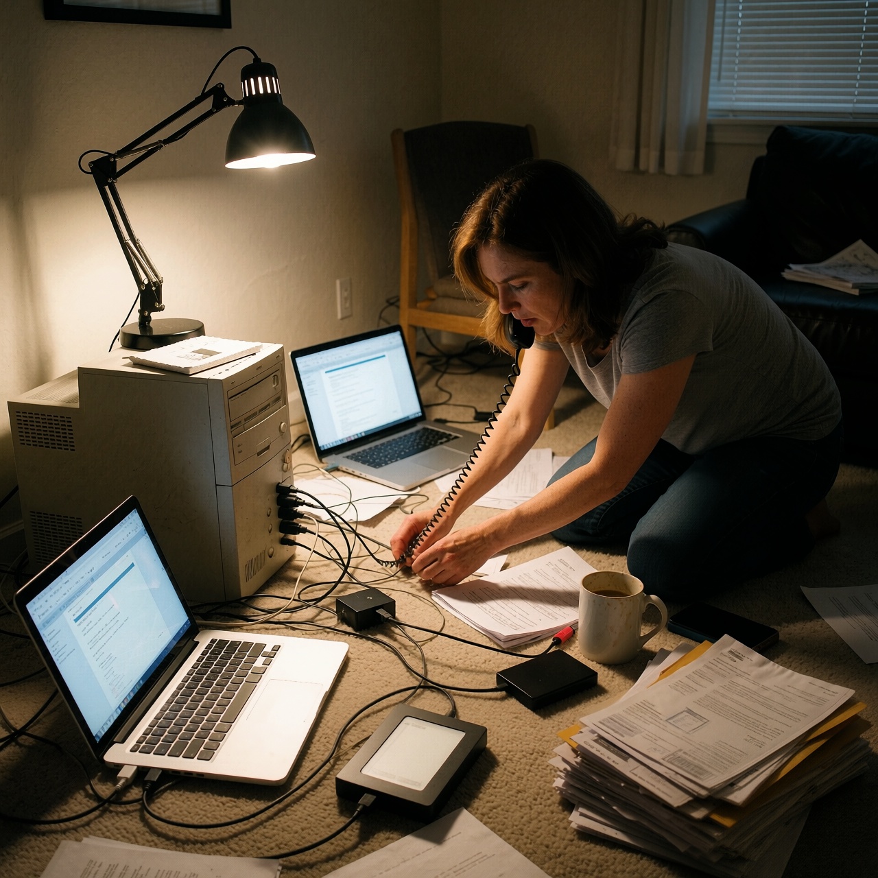 Piratage et suppression : quand Microsoft efface 25 ans de vie numérique en un clic — image3 Un bureau domestique en désordre, éclairé par une lumière chaude et tamisée. Une femme agenouillée au sol branche frénétiquement des câbles sur un vieux ordinateur, téléphone collé à l’oreille pour joindre le service client. Autour d’elle, disques durs externes et documents éparpillés symbolisent la lutte désespérée pour récupérer ce qui a été effacé. ---