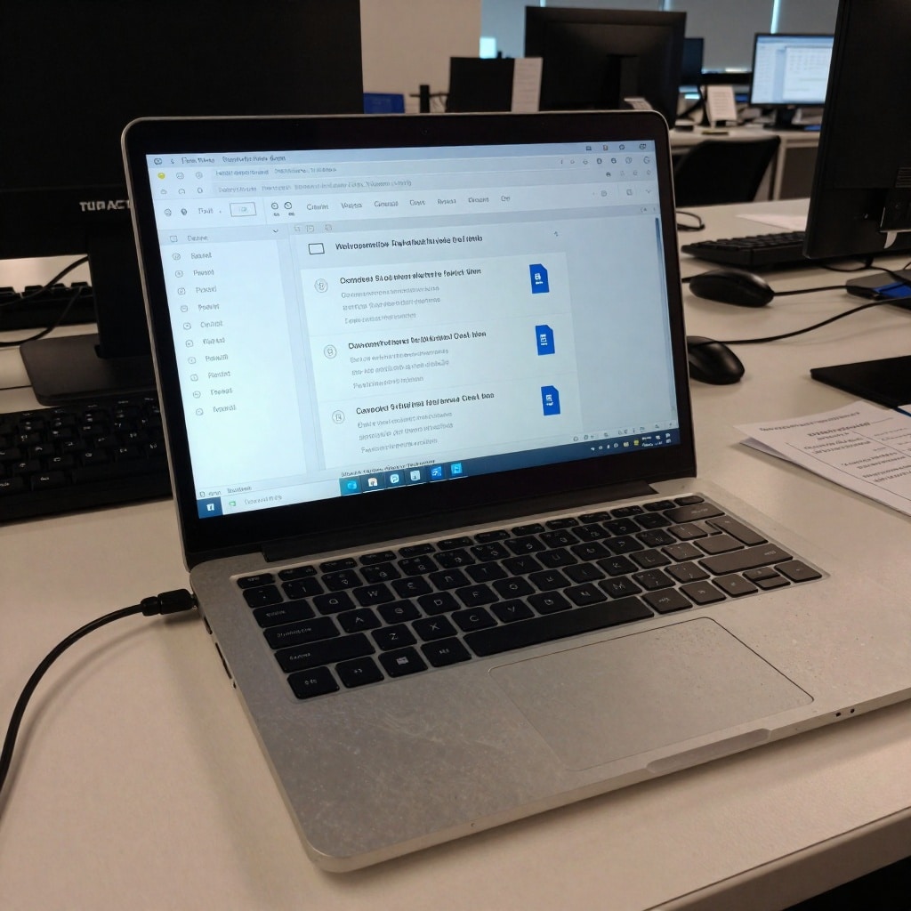 Bureau d'un bureau ouvert avec un ordinateur portable affichant une boîte de réception Outlook contenant des emails basiques, illustrant la phase initiale de test de la campagne de phishing.