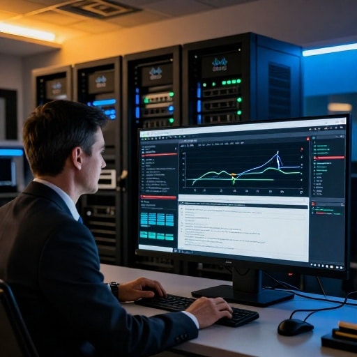 Un administrateur réseau en costume et cravate examine une interface unifiée de gestion réseau Cisco Cloud Control dans un centre de données technologique. Écrans affichant des flux de trafic réseau et des points d’accès Wi-Fi en temps réel, combinés à des serveurs Cisco UCS et des commutateurs SONiC. ---