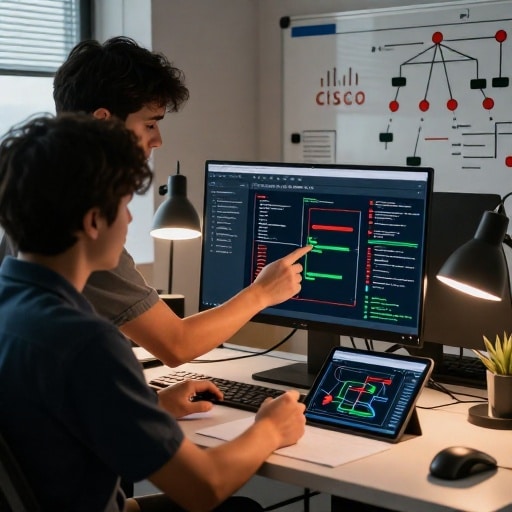 Deux techniciens réseau en tenue décontractée inspectent une interface d’analyse réseau de Cloud Control, illustrant la résolution automatique d’un problème VPN avec des cartes routières et des schémas de sécurité en temps réel. ---