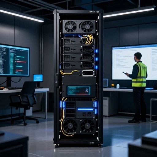 Cisco lance Cloud Control : IA pour une gestion réseau centralisée et automatisée — image3 Un serveur Cisco UCS intégré à un système hybride de gestion réseau avec des modules d’IA exécutés localement et connectés en temps réel aux données réglementaires RGPD dans une salle serveurs sécurisée. ---