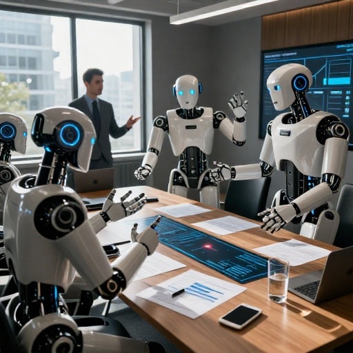 Un groupe de robots humanoïdes représentant des agents IA se disputent dans une salle de réunion chaotique, certains pointant vers des graphiques de données sur la table, d'autres gesticulant vivement. La lumière naturelle provenant des grandes fenêtres crée des ombres dramatiques et met en évidence la tension dans la pièce.