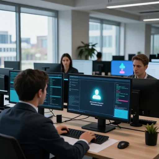 Plusieurs interfaces numériques élégantes représentant des agents IA communiquent entre elles sur plusieurs écrans dans un bureau moderne. Certains agents sont mis en évidence par une douce lueur indiquant une communication active, tandis que d'autres montrent des messages statiques ou d'erreur, suggérant une mauvaise communication et de la confusion.