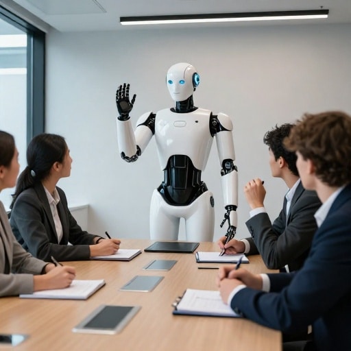 Les agents AI : quand trop, c’est vraiment trop ! — image3 Un robot sophistiqué représentant un agent IA présente à un petit groupe de collègues humains attentifs dans une salle de conférence bien éclairée. Le design du robot est élégant et moderne, avec une lumière douce mettant en valeur ses capacités avancées. Les humains sont engagés, prennent des notes et posent des questions, illustrant une collaboration efficace.