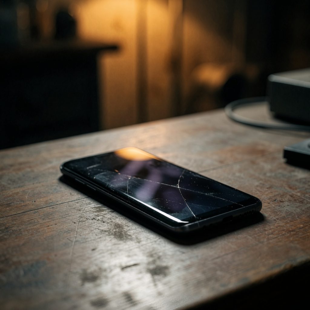 Un smartphone Samsung Galaxy S9 posé sur un bois usé, légèrement incliné pour révéler des micro-fissures dans l’écran. Une ombre discrète souligne une faille invisible. Arrière-plan flouté aux tons chauds et sombres, évoquant un environnement technique désaffecté. ---