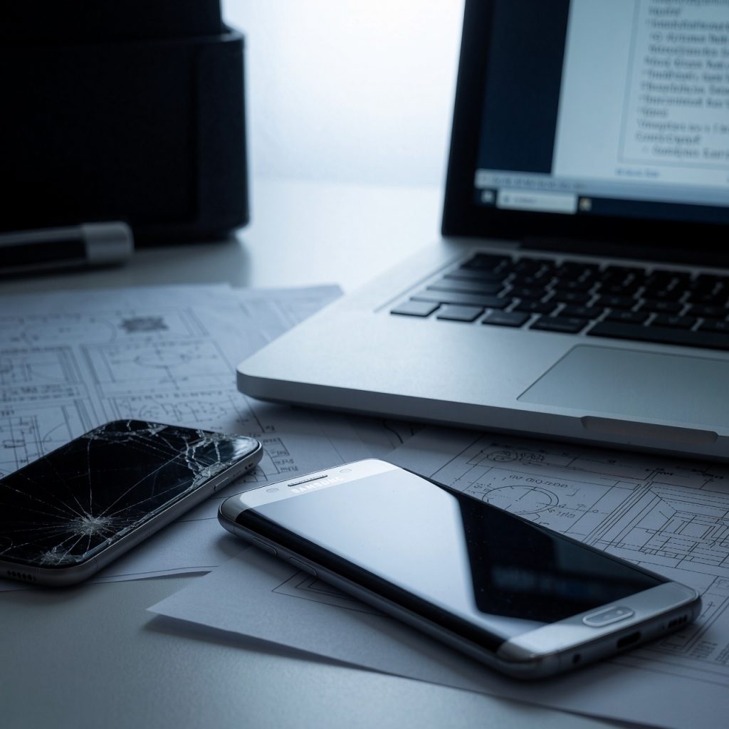 Un bureau en pénombre avec un Galaxy S7 posé sur une surface encombrée de documents techniques et d’un écran d’appareil photo fissuré. Lumière froide et professionnelle, contrastant entre modernité et obsolescence. Un ordinateur portable ouvert affiche des données cryptiques. ---