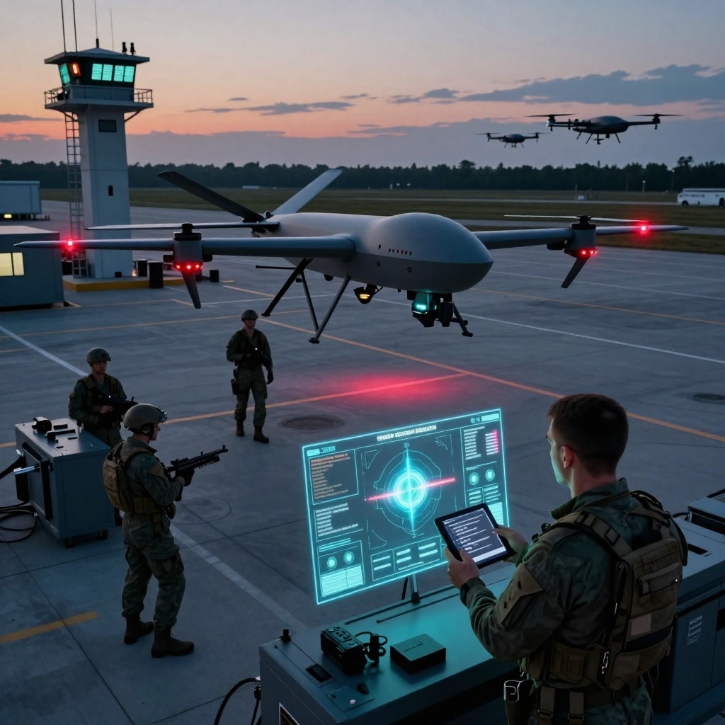 Vue aérienne d’une base militaire moderne au crépuscule, où un drone autonome équipé de capteurs avancés survole une tour de contrôle. En contrebas, des soldats en tenue tactique interagissent avec des stations d’armes automatisées, leurs visages éclairés par des hologrammes affichant des flux de données en temps réel—satellites, cartes thermiques et traductions instantanées de communications interceptées. Un opérateur vérifie une alerte sur un écran portable, tandis qu’en arrière-plan, une nuée de drones se prépare à une frappe automatisée sous son unique supervision. ---