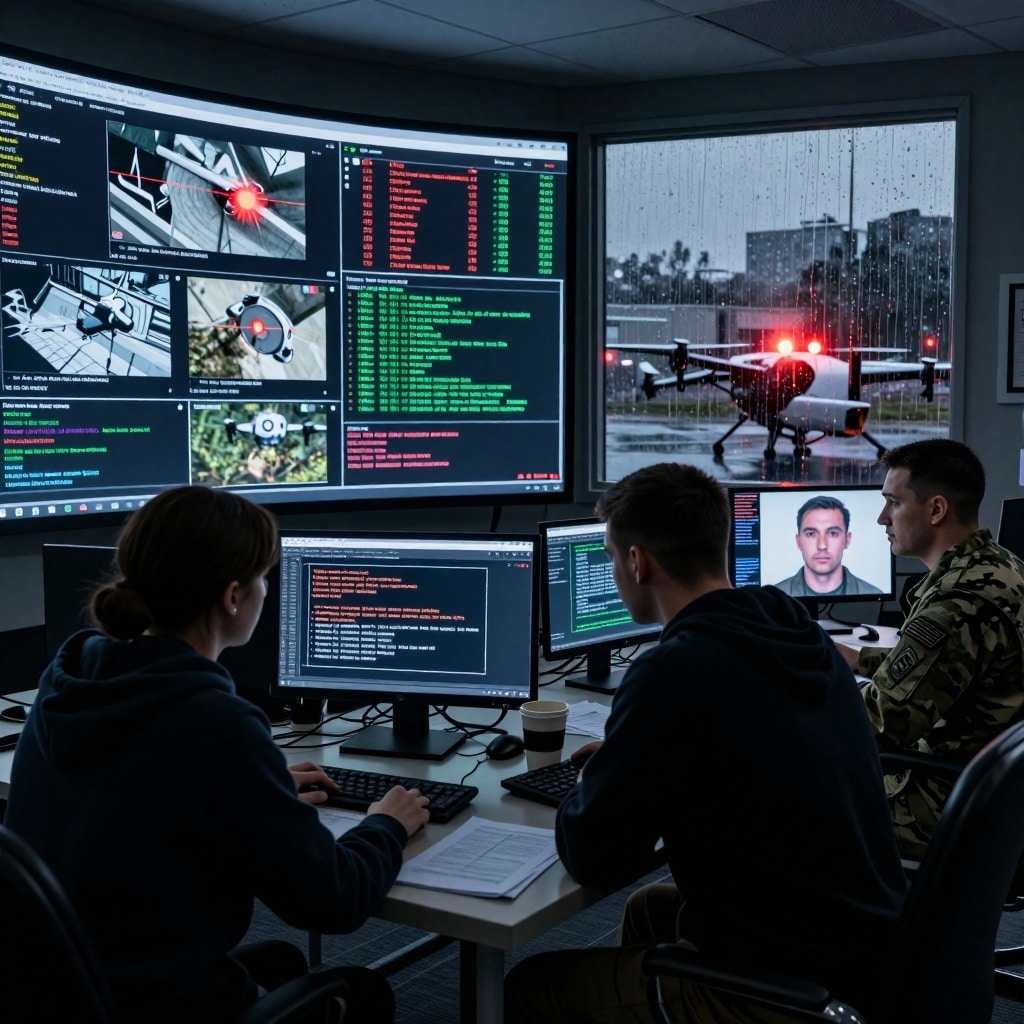 Salle de briefing d’intelligence plongée dans la pénombre, avec un écran courbe affichant des flux de données fragmentés : images satellites déformées, signaux thermiques et extraits vocaux brouillés. Une chercheuse en veste noire penchée sur son clavier examine une alerte à l’écran—*