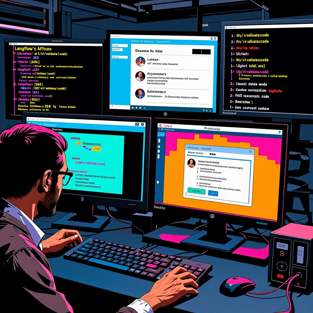 Un analyste en cybersécurité dans un centre de contrôle, entouré d’écrans affichant des extraits de code vulnérables de Langflow (CVE-2025-3248) et des fichiers chiffrés de modèles IA (PyTorch, FAISS). Une main pointe vers une terminal révélant une exécution de code arbitraire via l’API non authentifiée. En arrière-plan, un conteneur Docker en mode privilégié et des données chiffrées en format `.safetensors` sur un stockage cloud. ---