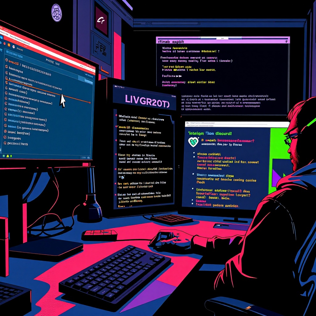 Un bureau de pirate informatique dans une pièce faiblement éclairée, avec un écran affichant un script Python en cours de modification via l’API vulnérable de Langflow. Le curseur insère des charges utiles codées en base64 dans des appels `exec()`, tandis qu’un terminal loge les adaptations en temps réel pour contourner les analyses. Un troisième écran révèle la création d’un conteneur Docker privilégié exploitant `/var/run/docker.sock` pour injecter ENCFORGE dans le système hôte. ---