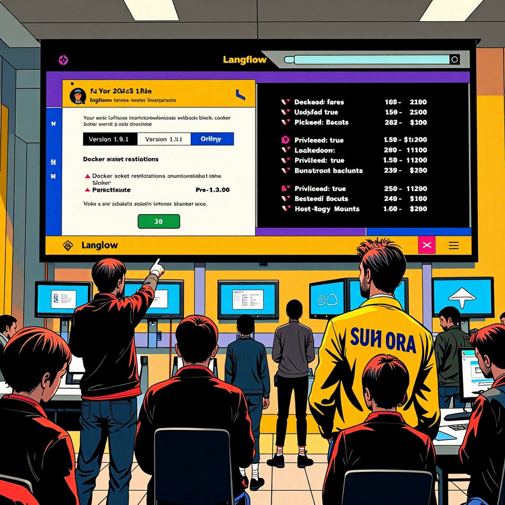 ENCFORGE : Un rançongiciel ciblant les infrastructures IA via des attaques RCE sur Langflow — image3 Une salle de briefing en cybersécurité avec un écran géant comparant les interfaces de Langflow (version 1.9.1 vs pré-1.3.0). Un présentateur souligne les correctifs tandis qu’une équipe inspecte un dossier cloud chiffré contenant des adaptateurs LoRA et des jeux de données Parquet. En arrière-plan, des alertes en temps réel pour des opérations Docker suspectes (`Privileged: true`) et des montages `host-root`. ---