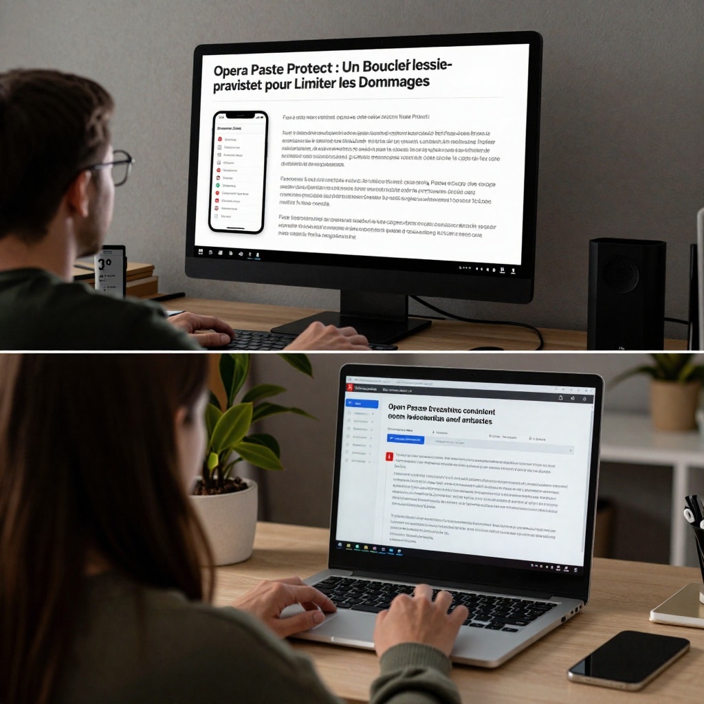 Illustration éditoriale de première partie et image mise en avant pour l'article « Opera Paste Protect : Une défense proactive contre les arnaques ClickFix ».