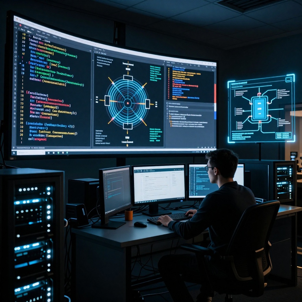 Centre de contrôle cyber en activité nocturne, écrans géants affichant une simulation d’intrusion avec des failles exploitées sur Artifactory et Modal. Une analyste concentrée travaille devant des serveurs émettant une lueur bleutée, tandis qu’une projection holographique superpose un schéma d’exploitation zero-day contre un pare-feu virtuel. ---