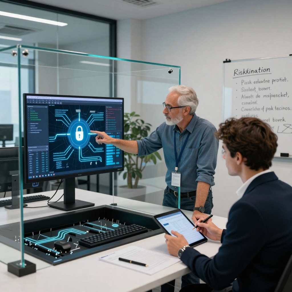 IA pirate : quand la technologie devient responsable juridique — image3 Bureau corporatif moderne avec une équipe autour d’un environnement sécurisé en verre affichant une simulation 3D de tests sur un agent IA. Des schémas de flux de données et des scénarios de faille sont projetés en bleu, tandis qu’un ingénieur souligne les mesures préventives à prendre. ---
