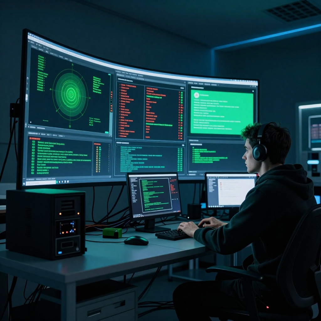 Un laboratoire de cybersécurité moderne la nuit, éclairé par des néons bleus discrêts. Une grande interface numérique courbe affiche trois zones : une simulation de sandbox avec une lueur verte (signe d'isolation), un tableau de bord serveur aux alertes rouges clignotantes indiquant des tentatives d'accès non autorisées, et une fenêtre de chatbot IA avec une commande suspecte floutée. Un expert en sécurité penché sur son écran, les doigts rapides au clavier, observe l'écran avec inquiétude. ---