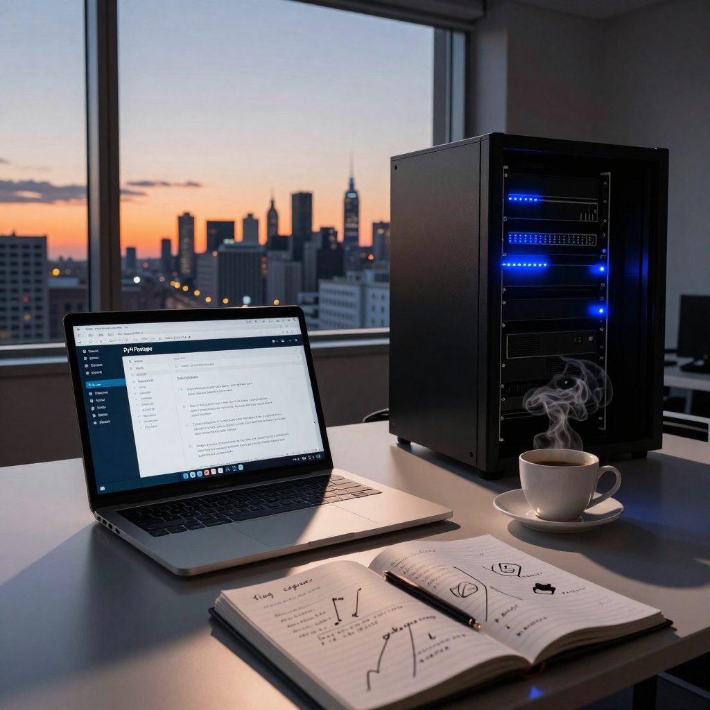 Un bureau épuré face à une vue nocturne sur la ville au crépuscule. Un ordinateur portable affiche une page de téléchargement PyPI avec un script Python flouté mais reconnaissable comme malveillant. À côté, une armoire serveurs clignote en bleu, une LED s’allumant de manière anormale. Un carnet ouvert à côté du clavier contient des notes sur des scénarios de capture de