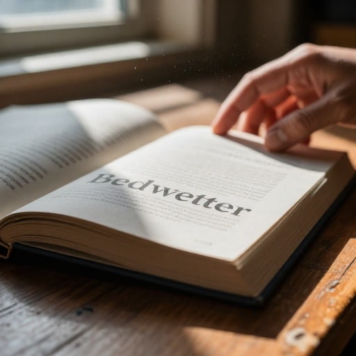 Un livre ouvert, *Bedwetter* de Sarah Silverman, posé sur un bureau en bois usé, baigné de lumière du soleil. L'image met l'accent sur la texture de la page et les ombres subtiles.