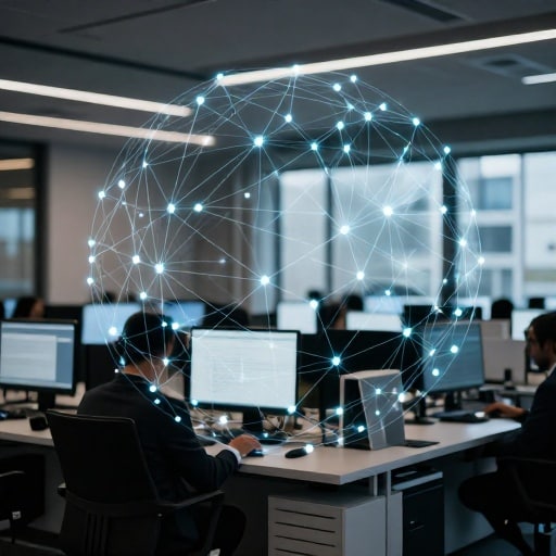 Un réseau complexe de nœuds interconnectés représentant les données, superposé à un bureau moderne avec des écrans d'ordinateur flous. La palette de couleurs est sobre et suggère la complexité.