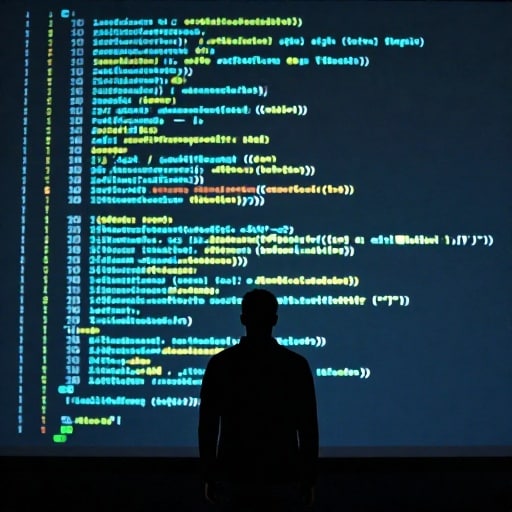 Poursuites judiciaires en matière de droit d’auteur contre les géants de l’IA : une bataille juridique autour de la paternité des œuvres — image3 Une silhouette se tient devant une projection holographique de code en mouvement rapide. L'éclairage dramatique met en valeur la complexité du code.