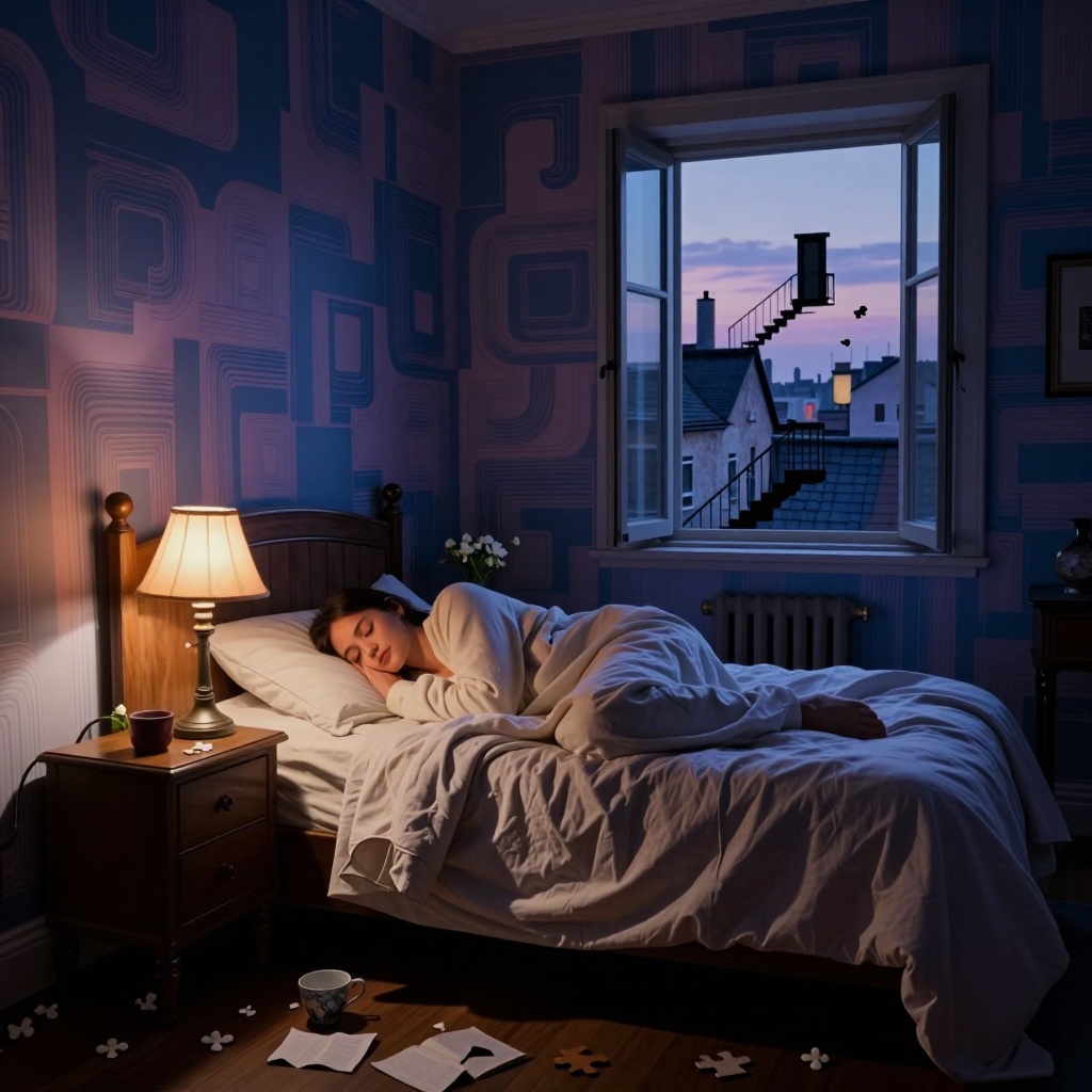 Intérieur d’une chambre baignée d’une lumière dorée crépusculaire, où une silhouette endormie est enveloppée dans un drap léger. Les murs portent des motifs abstraits évoquant des souvenirs entrelacés, avec des géométries changeantes en bleu et mauve. Une fenêtre entrouverte révèle des contours de toits urbains familiers mêlés à des éléments flous comme des escaliers ou des portes. Par terre, des objets fragiles—une tasse en porcelaine fissurée, une page arrachée d’un livre, un morceau de puzzle—séparés par la pénombre. ---