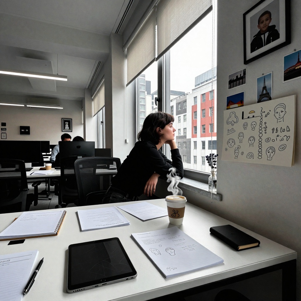 Bureau contemporain en pause, où la lumière filtrant à travers des rideaux fins éclaire un espace de travail encombré de notes épars, d’un écran fissuré et d’une tasse de café fumante. Une personne appuie contre l’appui de fenêtre, fixant une ville qui semble se dissoudre en formes abstraites ou clignoter comme des diapositives. Les murs sont ornés de souvenirs personnels : une photo encadrée d’enfance, un postcard de Paris, et un carnet de croquis rempli de visages et paysages griffonnés. Un murmure lointain parvient d’un espace ouvert voisin, tandis que l’air porte l’odeur mêlée du café et de la lavande. ---