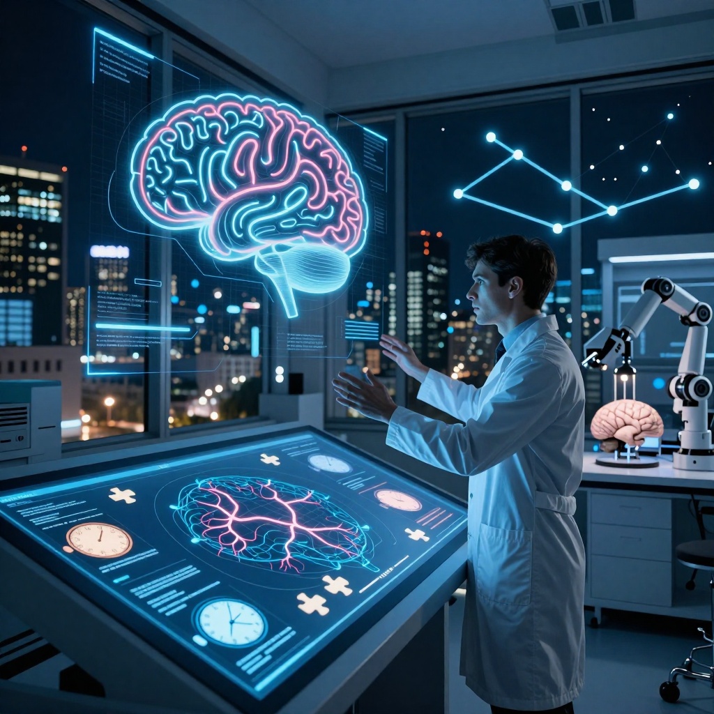 L’IA révèle les secrets structurés des rêves : quand le cerveau remixe nos souvenirs — image3 Laboratoire de neurosciences futuriste mais intimiste, où des projections holographiques de motifs cérébraux et de séquences oniriques fragmentées flottent dans l’air au-dessus d’une chercheuse en blouse blanche. La pièce est baignée d’une lumière bleutée filtrant par des baies vitrées surplombant une ville nocturne, dont les lumières dessinent des constellations abstraites. Une table tactile affiche des cartes neuronales et des visualisations IA de fragments mémoriels—certains évoquant des morceaux de puzzle ou des montres fondantes. Les mains de la scientifique gesticulent vers les projections comme pour diriger une symphonie invisible, tandis qu’en arrière-plan, un bras robotisé manipule délicatement un modèle cérébral sous une lumière douce et dirigée. ---