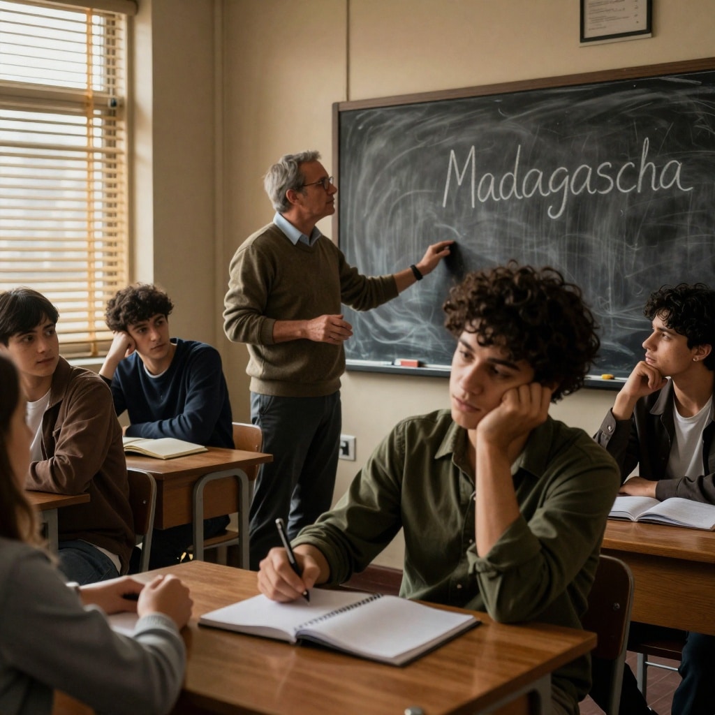 Un professeur en costume décontracté pointe vers un élève nerveux assis à son bureau de bois, tandis que ses camarades murmurent ou baissent les yeux dans une salle de classe baignée d’une lumière dorée tamisée. Un mot presque invisible sur le tableau noir suggère la faille révélatrice. ---