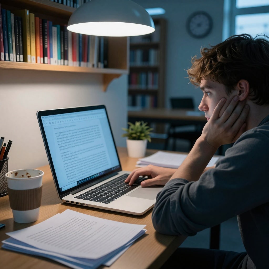 Un étudiant penché sur un ordinateur dans une bibliothèque silencieuse, les yeux rivés sur un texte généré par IA mal structuré, tandis que ses notes et sa tasse de café abandonnée trahissent son manque d’engagement. ---