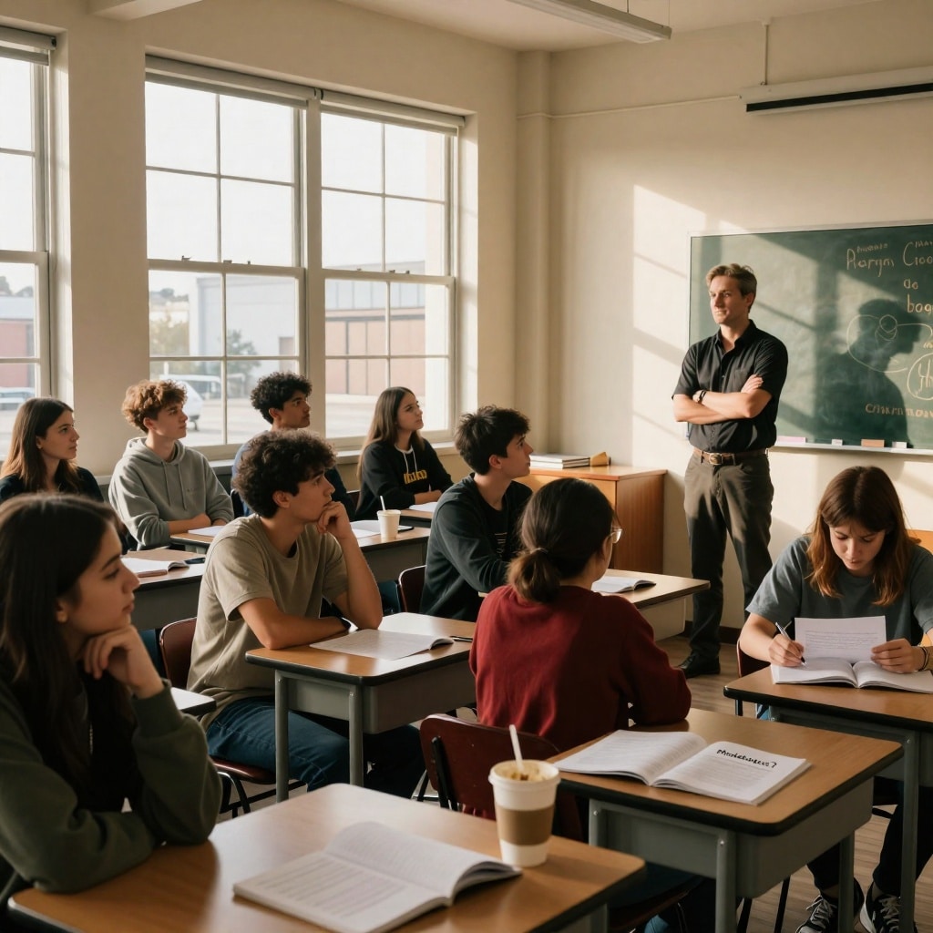 Un professeur démasque la triche massive : et l’humain reste humain malgré l’IA — image3 Un professeur face à ses élèves dans une salle lumineuse, tandis qu’ils examinent leurs copies avec des regards mêlant gêne et réflexion. Un carnet ouvert sur la table suggère un moment de prise de conscience. ---