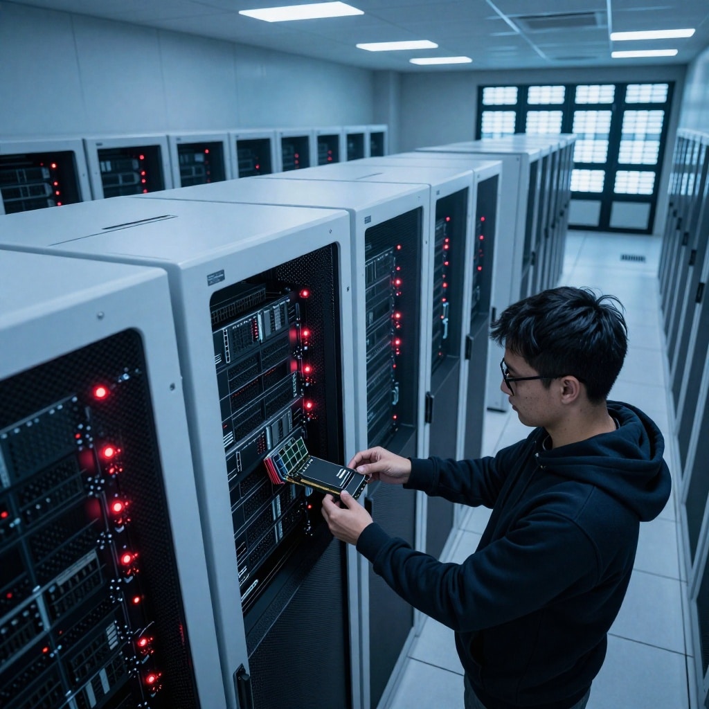 Un couloir de salle informatique moderne éclairé en lumière ambiante bleutée, avec des baies de serveurs alignées dans un ordre méticuleux. Un technicien ajuste une carte GPU haut de gamme, insérant délicatement une mémoire HBM4 dans un slot. En arrière-plan, des panneaux lumineux révèlent l’ampleur des infrastructures nécessaires aux calculs intensifs. ---