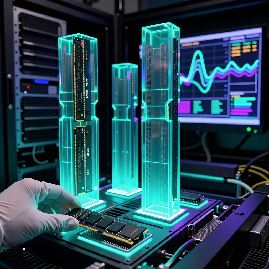 Un plan serré sur une ferme de serveurs futuriste où des modules mémoire HBM4 s’alignent en structures géométriques lumineuses, baignant dans une lumière violette et bleutée. Une main gantée dépose un chip HBM4 sur un support refroidisseur, tandis qu’en arrière-plan, un écran affiche des visualisations de données abstraites liées à l’entraînement des modèles d’IA. ---