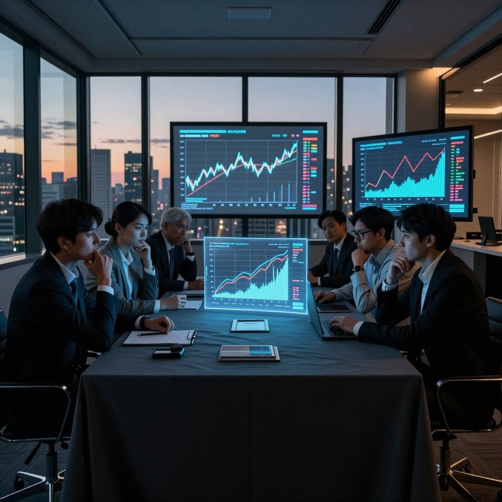 **SK Hynix : comment des contrats stratégiques et l’HBM4 transforment la mémoire en or noir de l’IA** — image3 Une salle de réunion plongée dans une lumière tamisée où des projections holographiques affichent des courbes de marché et des prévisions de demande en IA. Des dirigeants analysent les données, leurs visages reflétant à la fois espoir et inquiétude. Les fenêtres offrent une vue sur une ville baignée par le coucher du soleil, soulignant l’ambivalence d’un secteur en pleine mutation. ---