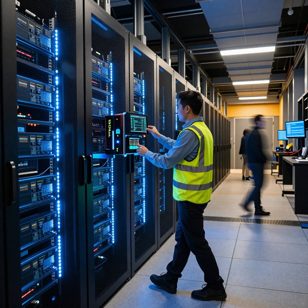 Couloir d’un centre de données futuriste éclairé par une lumière bleue froide, où des serveurs géants alignés dominent l’espace. Un ingénieur en veste réfléchissante ajuste une puce Qualcomm dédiée à l’inférence IA, tandis que des lignes floues trahissent le mouvement constant des techniciens. La scène met en avant la compétition dans un marché saturé par Nvidia et AMD. ---