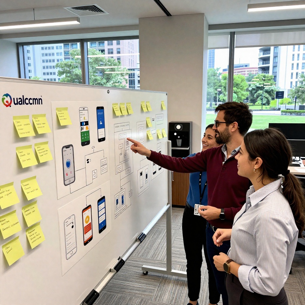 **Qualcomm en quête de survie : l’IA comme planche de salut après la rupture avec Apple** — image3 Bureau ouvert animé chez Qualcomm, où une équipe de designers discute autour d’un tableau blanc recouvert de croquis et de notes sur l’intégration d’agents IA dans les smartphones. La lumière naturelle filtre à travers des vitres donnant sur un parc urbain, reflétant l’alliance entre tradition Android et innovation disruptive. ---