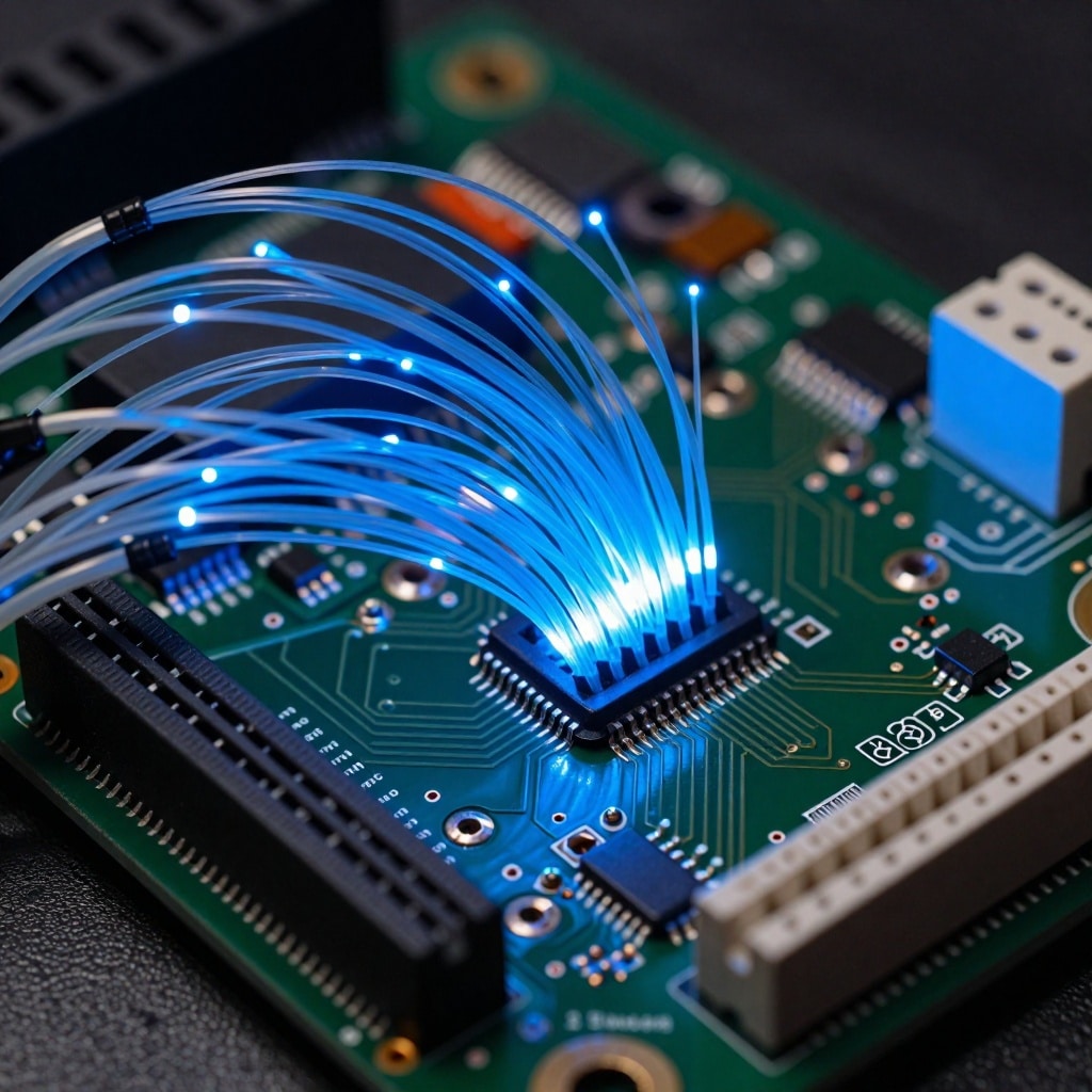 Schéma complexe d'une carte électronique avec des câbles optiques lumineux, illustrant le traitement de l'intelligence artificielle. Détails techniques et éclairage doux.