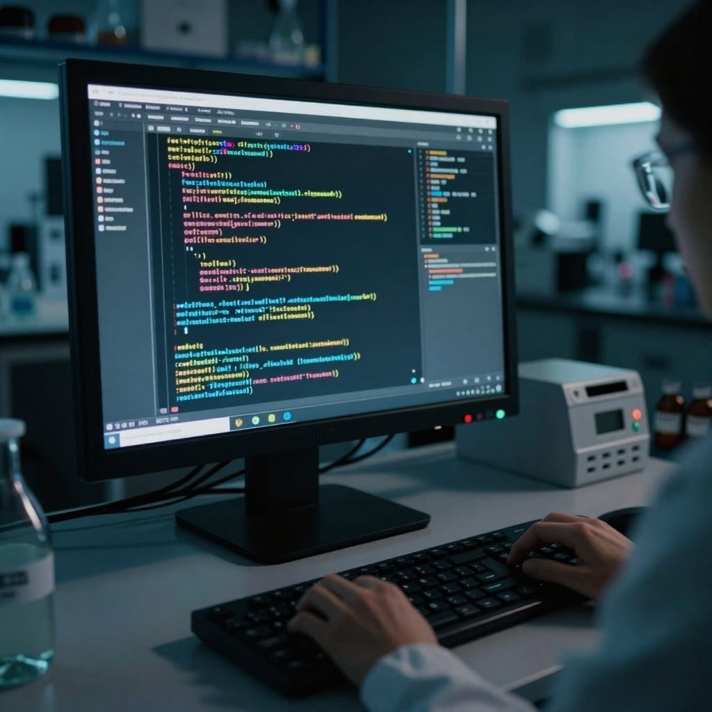 Laboratoire sombre avec un ordinateur et un chercheur travaillant sur du code, illustrant l'étude des modèles d'IA chinois. Éclairage numérique et ambiance de recherche.