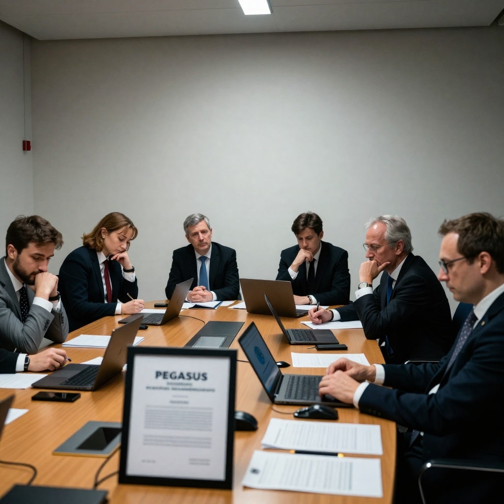 Une salle de conférence à Bruxelles où des eurodéputés et fonctionnaires examinent un rapport partiellement visible sur une table encombrée d’objets professionnels, sous une lumière professionnelle froide. Les visages reflètent lassitude et désengagement face aux propositions ignorées. ---